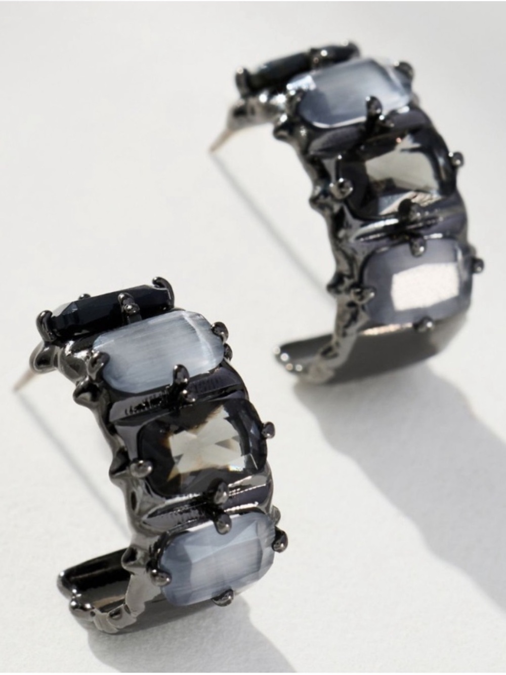 NWT Anthropologie Crystal Baguette Stone Huggies in Black/ Grey